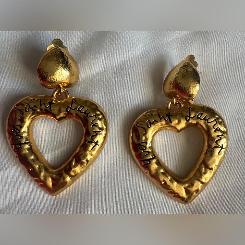 Yves Saint Laurent Gold Heart Script Drop Earrings